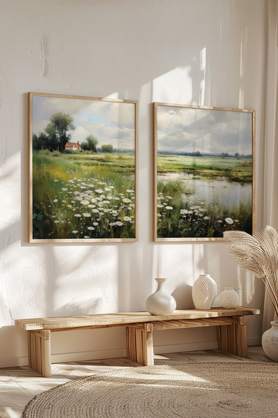 STARYUNA Yağlı boya efektli papatyalı tablo, ahşap çerçeveli 2'li tablo seti ...