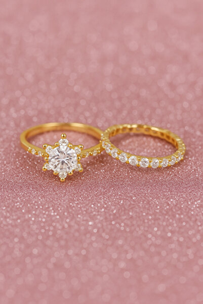 Crystal Diamond Zirconia Işıklı kutuda 1 karat tektaş lotus ve tamtur yüzük