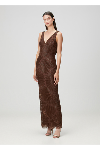 Aidan Mattox Kahverengi İşlemeli Maksi Abiye Elbise