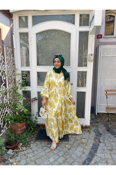 Tuğba Sarı Mimoza Çiçek Desenli Sarı Elbise