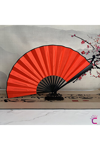 Cinderella Zarif Sade Şık Siyah Ahşap Saplı Bambu Kırmızı Büyük Yelpaze 27cm-...
