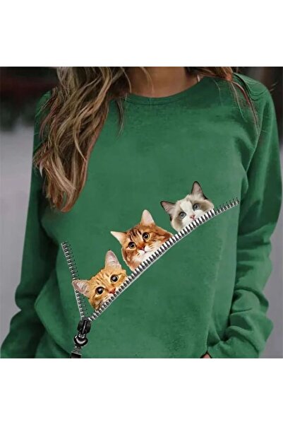 Harajuku Style القطة الخضراء المطبوعة المرأة