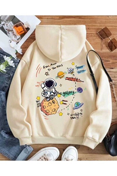 Harajuku Style Μπεζ φούτερ με κουκούλα με θέμα το διάστημα, Oversize Unisex