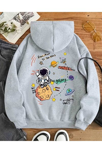 Harajuku Style Γκρι φούτερ με κουκούλα με θέμα το διάστημα, Oversize Unisex