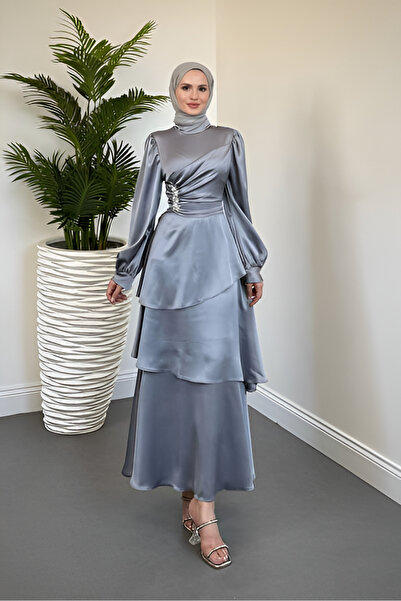 mahira collection YANDAN TAŞLI KAT KAT SATEN ABİYE