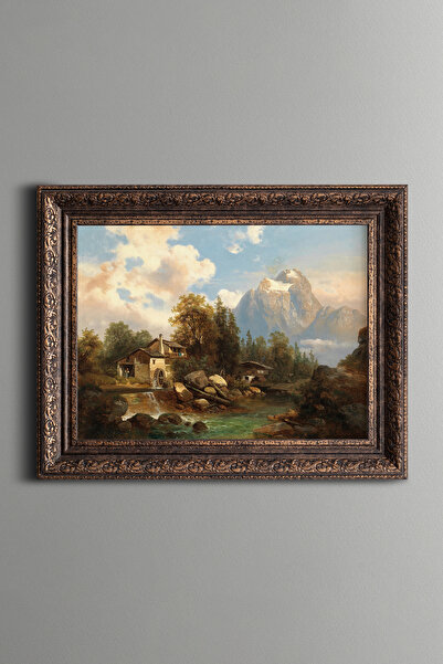 epiqart Dağ Nehrinin Kenarındaki Bir Değirmen - Vintage Desenli Çerçeve