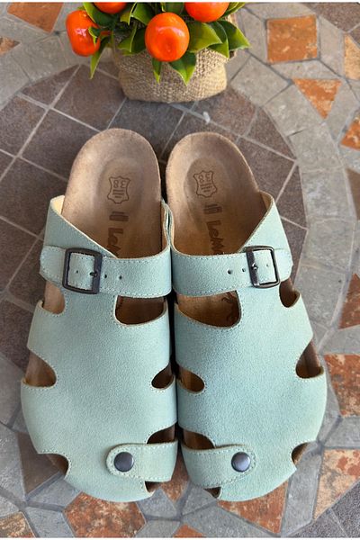 Lemoors Marta Natural Cork Sole Genuine Suede Leather Women's Sabo Slippers