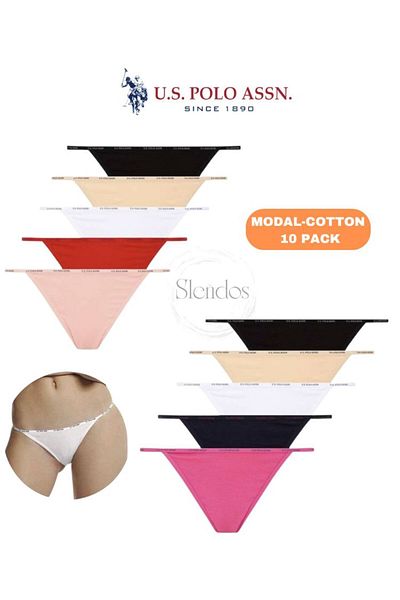 U.S. Polo Assn. Femeie, Licențiat, Colorat, 47% Modal, 47% Bumbac, 6% Elastan, V String/Tanga Pachet economic de 10