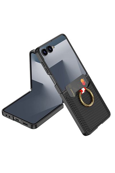 m.tk moveteck Samsung Galaxy Z Flip 7 Case Gkk Premium Protect Cover with Ring Ring Card Holder Carbon Leather Pattern