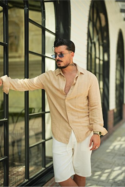 OUTFİT MAN Keten İşlemeli Bol Kalıp Gömlek Bej