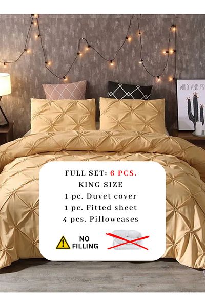 LUNA HOME Premium King Size 6 Pieces Pinch Pleat Plain Yellow Gold Bedding Set 220x240cm.