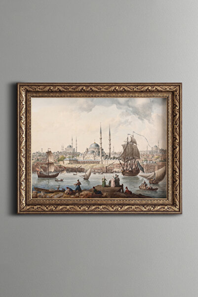 epiqart Yeni Cami ve İstanbul Limanı - Vintage Desenli Çerçeve