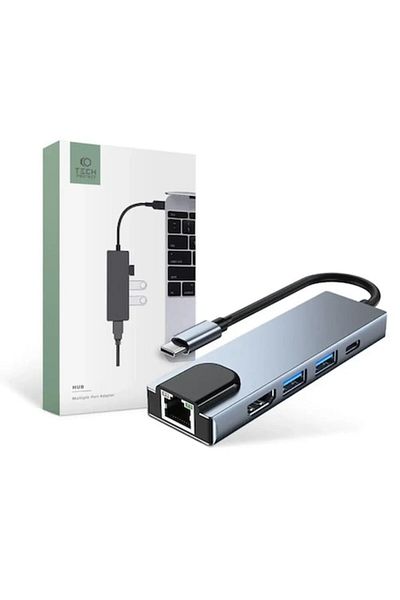 Tech-Protect Hub V3 din aluminiu 5-în-1 USB Tip-C - 2x USB 3.0, 1x USB Tip-C, 1x HDMI, 1x RJ45, Gri