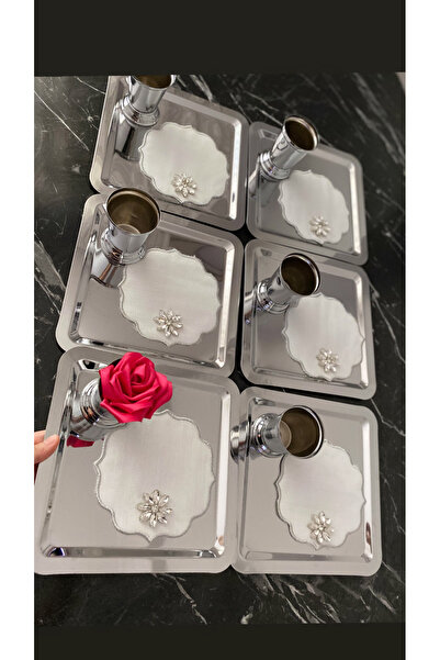 BÜŞRA Kahve yanı sunum peçetesi takımı 6 lı Gül kovası 6 lı gümüş kare sunum ...