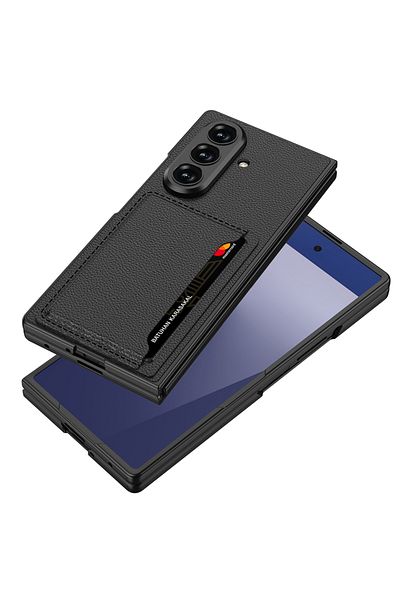 m.tk moveteck Samsung Galaxy Z Fold 7 Case Camera Protected Card Holder Stand Carbon and Leather Stitching Pattern Cover