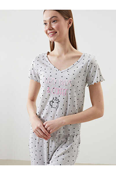 LC Waikiki LCW DREAM Siyah V Yaka Desenli Kadın Kaprili Pijama Takımı