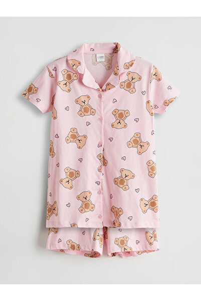 LC Waikiki Ružičasti Košulja kragna Medved Teddy Štampano Set pidžama za devo...