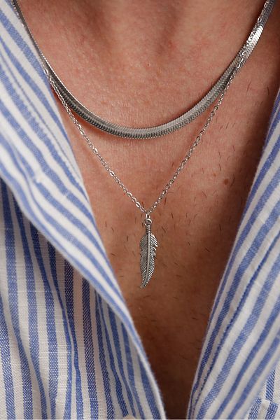 Fjellor Thingol Men's Silver Color 2-Piece Steel Necklace Set – Flat Chain & Feather End Detailed Chain (47 & 60 cm)
