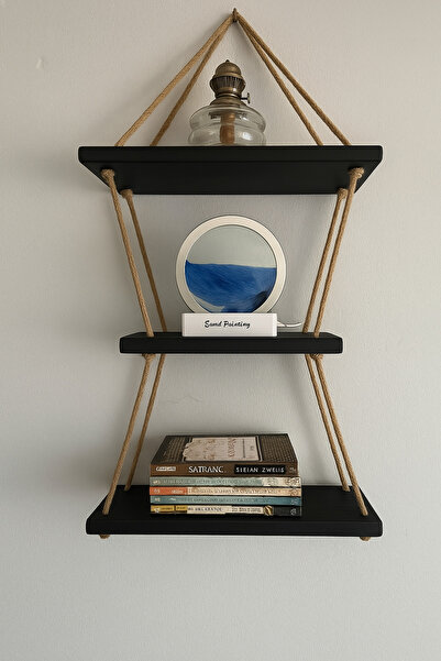 ATÖLYE DÜNYASI 3 Katlı Dekoratif Ahşap Halatlı Duvar Rafı Kitaplık & Çiçeklik...