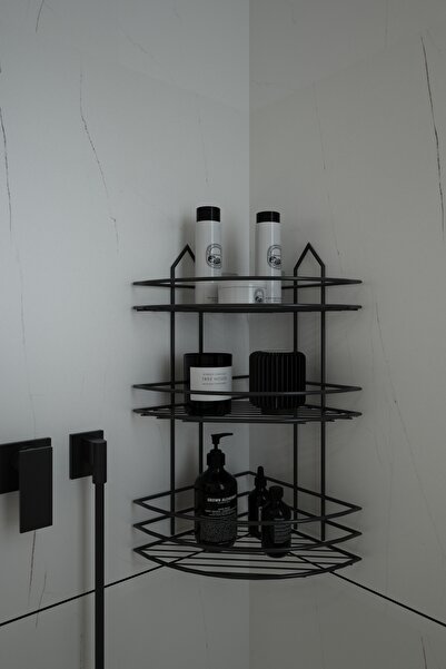 Egem Home Vİdalı Siyah Banyo Köşeliği 3 Katlı Köşe Rafı Şampuanlık Düzenleyici Raf