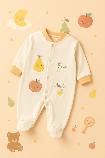 Genel Markalar Meyve Detaylı Nakışlı Pamuklu Kız -Erkek Bebek Patikli Tulum