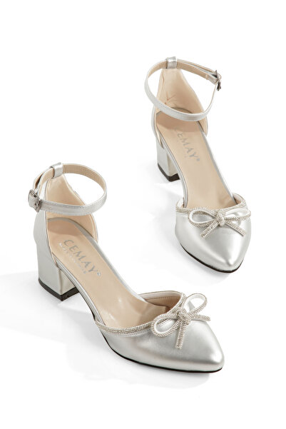CEMAY Pointed Toe Closed Back with Open Bow Stone 5cm Thick Heel Women's Shoes