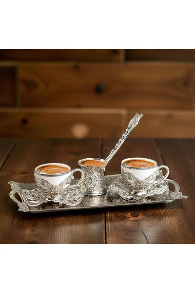 E orient Two-Person Turkish Coffee Set, 2 White Gilded Porcelain Cups, Metal Tray, Coffee Pot (Silver)