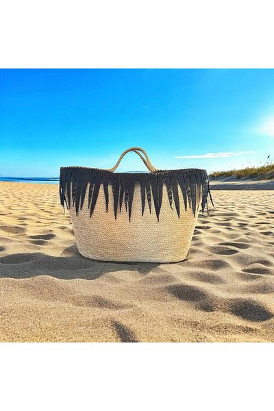 AYŞE SERHOŞOĞLU HOME DESİGN Straw Bag, Beach Bag, Designer Bag, Black Tassel Handbag