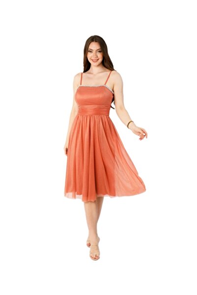ZY BUTİK Orange Strap Collar Stripe Stone Detailed Glitter Tulle Evening Dress