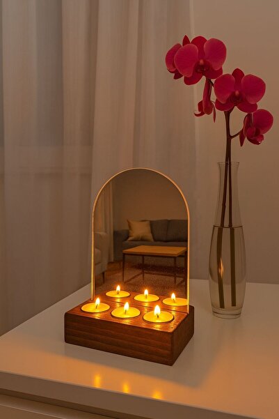 silvia home decor Ahşap Dekoratif Masa Aynası Aynalı Mumluk Makyaj Aynası