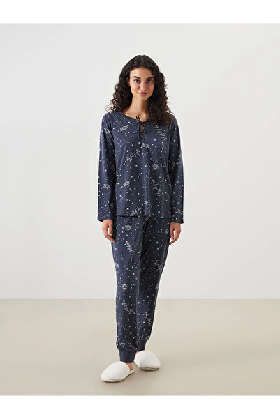 LC Waikiki LCW DREAM Lacivert Bağlamalı Yaka Baskılı Kadın Pijama Takımı