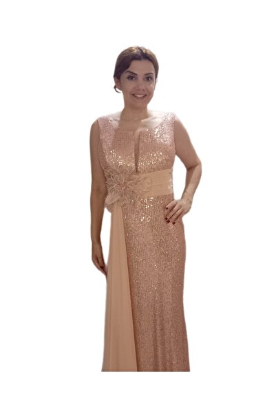 ZY BUTİK Plus Size Copper Waist Flower Detailed Sequin Sequin Floor Length Fish Evening Dress