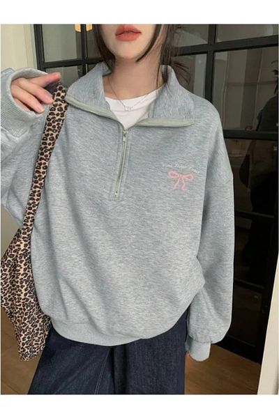 Elvino Small Ribbon Printed Half Zipper Stand Collar 3 Thread Thick Winter Unisex Sweatshirt