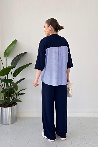 MaziButik Σετ Modal με μαργαριτάρια με φαρδύ πόδι Navy Blue