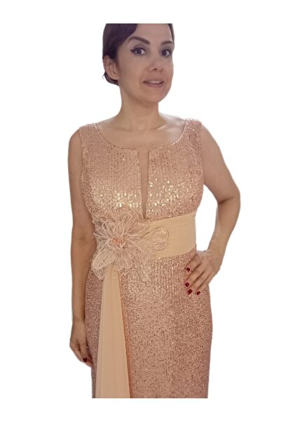 ZY BUTİK Plus Size Copper Waist Flower Detailed Sequin Sequin Floor Length Fish Evening Dress