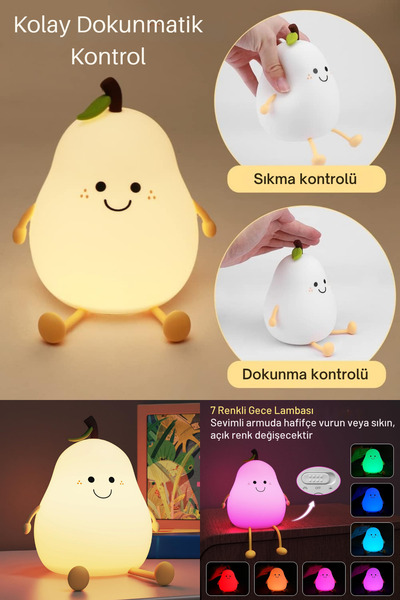 Fırsat7 Armut Tasarımlı Gece Lambası Renk Değiştiren Usb Şarj Edilebilir 3 Kademeli Işık Ayarı 6 Renkli