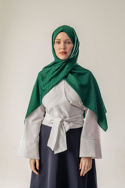 FLEUR SOİE Zahter Green Small Snowshoe Pattern Jacquard Shal