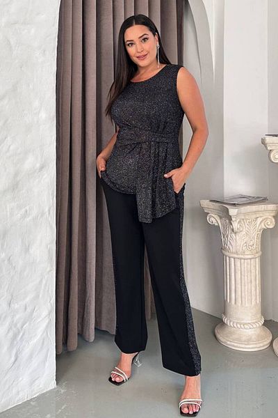 ZISHAN Set de două piese de rochii de seară elegante cu paiete de mărime mare - bluză și pantaloni cu sclipici negre 026