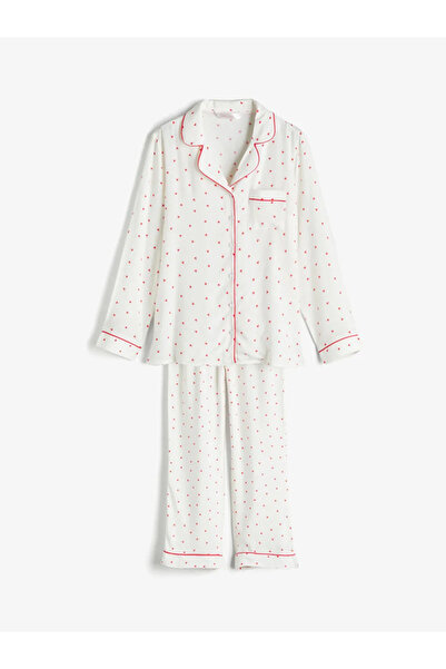 LC Waikiki طقم بيجامة نسائي مطبوع برقبة قميص LCW DREAM Ecru
