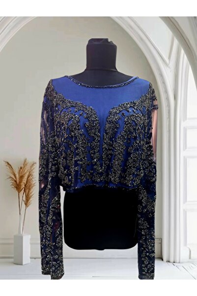 SEDRA TEKSTİL Taş ve boncuk işlemeli,tül detaylı crop bluz,abiye gece şık üst