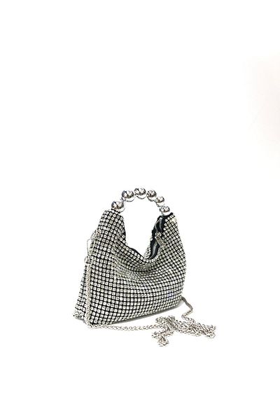 womenacs Black Color Silver Diamond Stone Evening Dress Clutch Portfolio Chain Strap Hand Wedding Engagement Henna Evening Bag