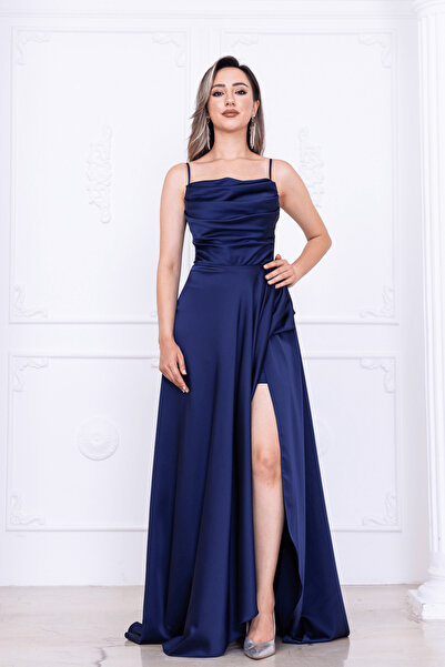 BEYBOS Saten Kumaş Sırtı İpli Abiye Elbise - LACİVERT