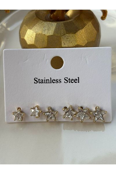 Blotch Set of 6 Zircon Stone Star Earrings Gold Color