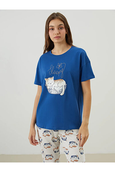 LC Waikiki Ekru Bisiklet Yaka Baskılı Kadın Pijama Takımı