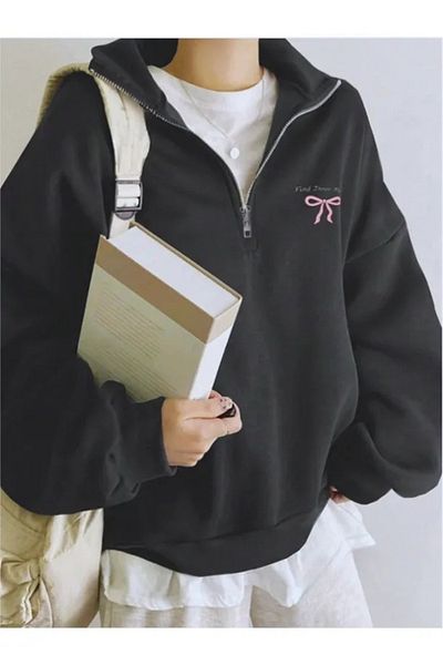 Elvino Hanorac unisex de iarnă cu jumătate de fermoar imprimat cu panglică mică, cu guler ridicat, cu 3 fire