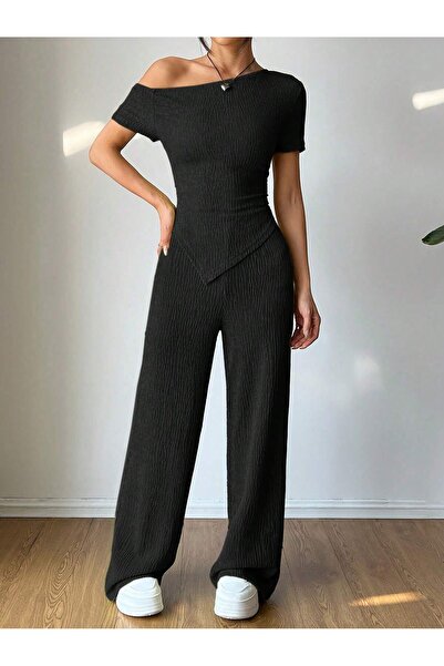 poswicon Black Off Shoulder Asymmetrical Hem and Pants Bottom Top Suit