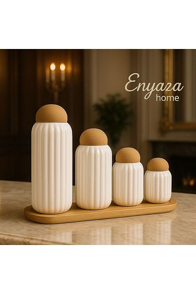 ENYAZA(2024) Set of 4 Ball Cork Lid Stand Striped Porcelain Jar and Spice Rack