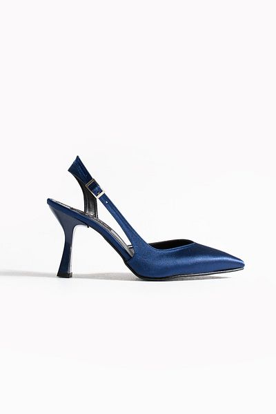 es exello Asgard Back Open Goblet Heeled Navy Blue Satin Shoes