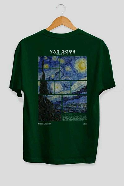 Ankhises Van Gogh the Starry Night Back Printed Oversize T-Shirt Men Women Crewneck Cotton Tshirt
