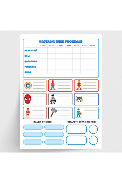 Bimotif Kahraman figürlü isimlik, ders programı, kalem ve eşya sticker seti, ...